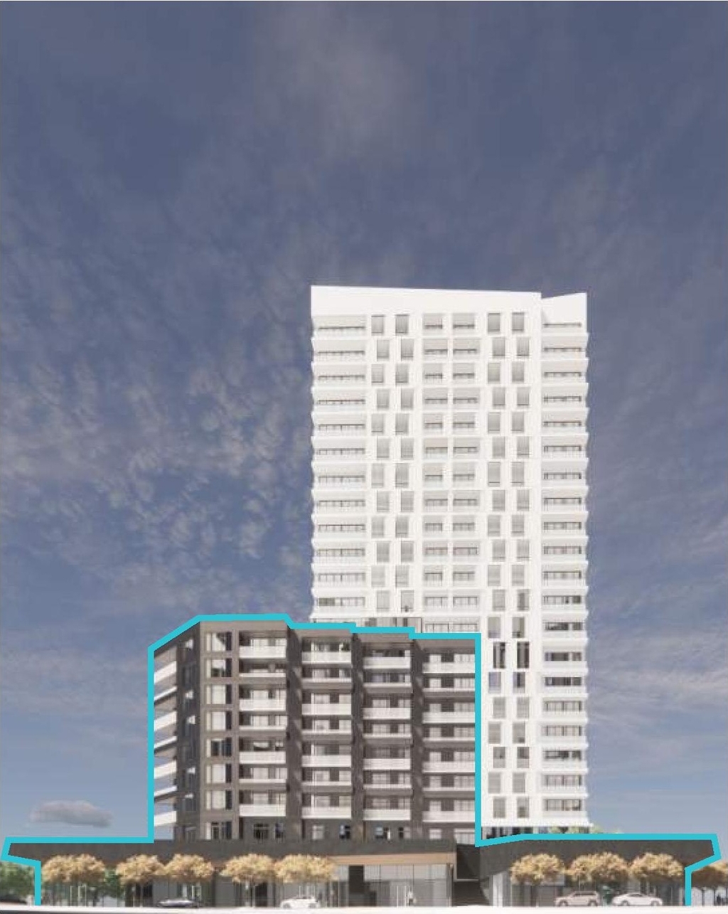 Rendering of building from page 30 of the file '2022-04-27 - Architectural Design Brief - D02-02-22-0040'