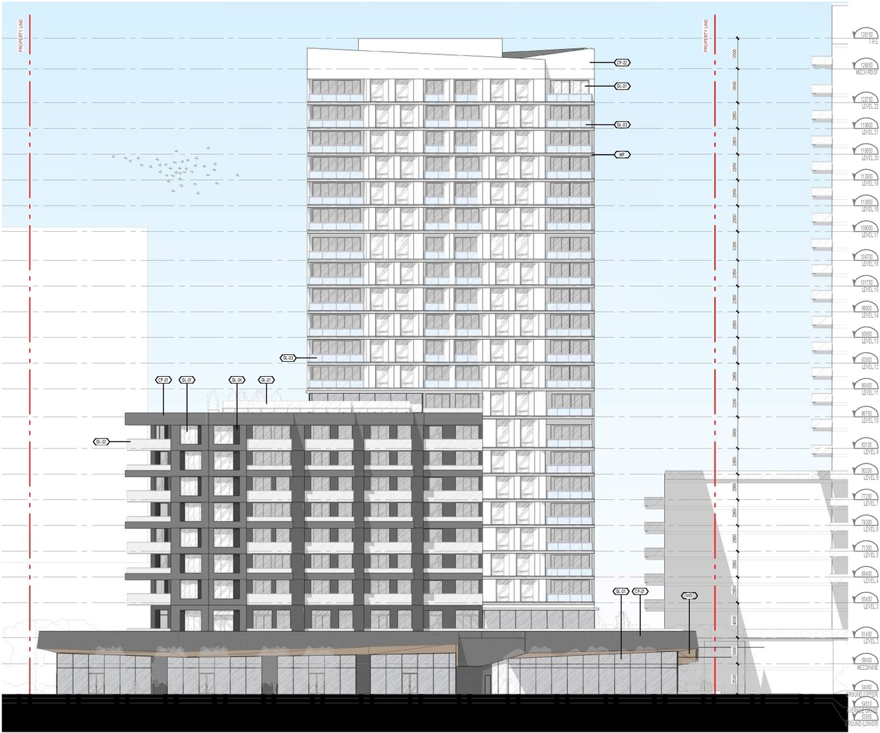 Rendering of building from page 44 of the file '2022-04-27 - Architectural Design Brief - D02-02-22-0040'