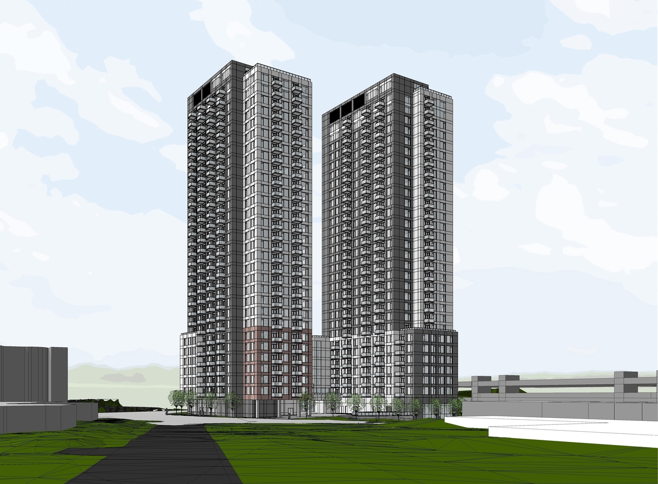 Rendering of building from page 16 of the file '2023-05-09 - Floor, Elevations, Materials, Perspectives Plans - D02-02-22-0051'