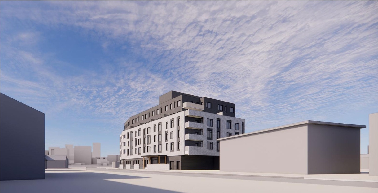 Rendering of building from page 7 of the file '2022-06-23 - Design Brief - D02-02-22-0058'