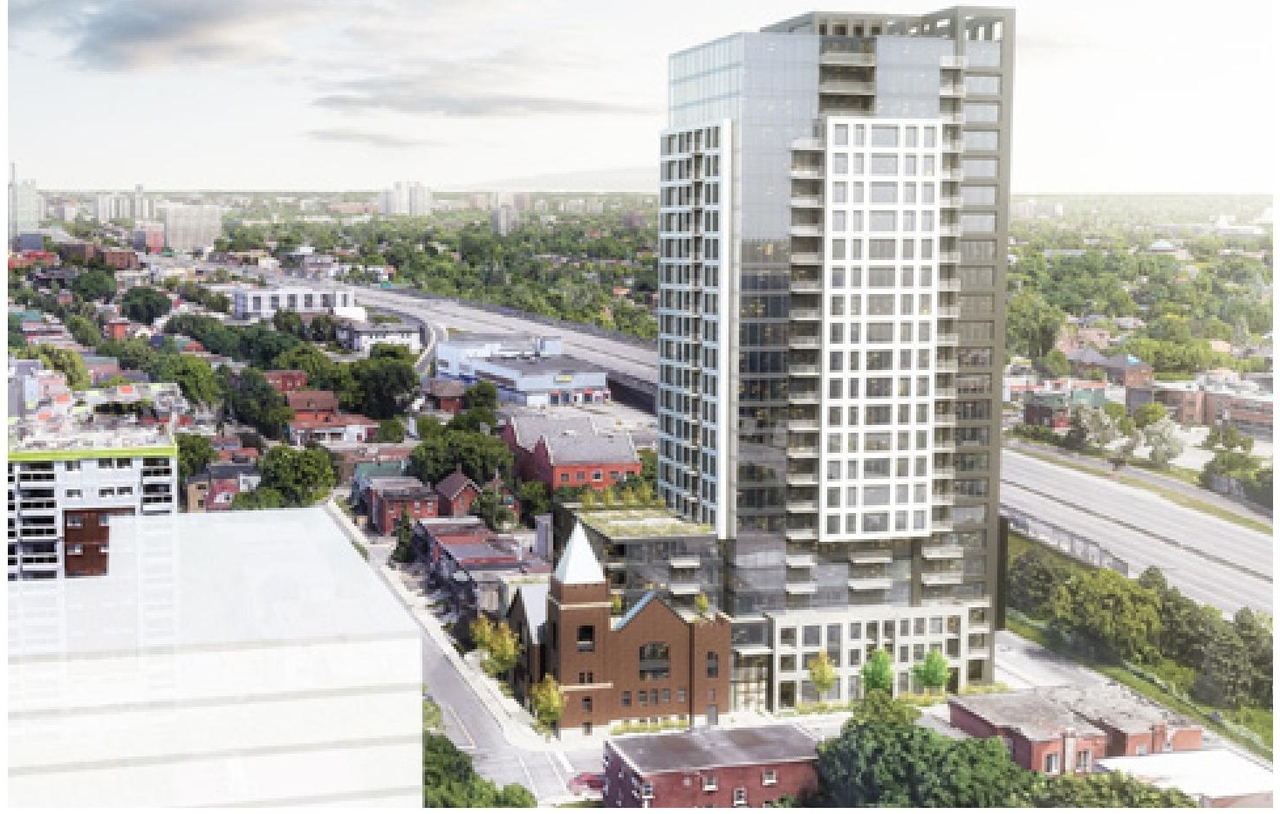 Rendering of building from page 23 of the file '2023-06-07 - Design Brief and Plans - D02-02-22-0082'