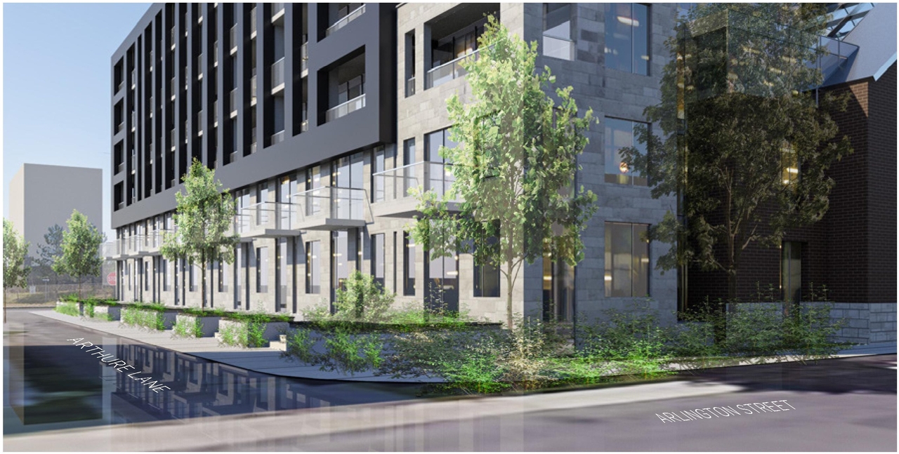 Rendering of building from page 33 of the file '2023-06-07 - Design Brief and Plans - D02-02-22-0082'