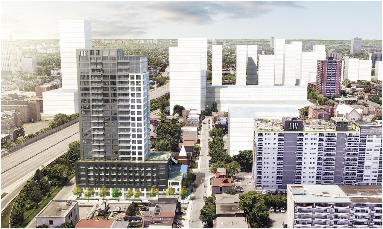 Rendering of building from page 52 of the file '2023-06-07 - Design Brief and Plans - D02-02-22-0082'
