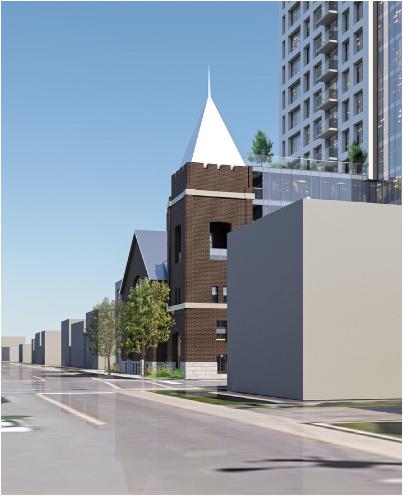Rendering of building from page 56 of the file '2023-06-07 - Design Brief and Plans - D02-02-22-0082'