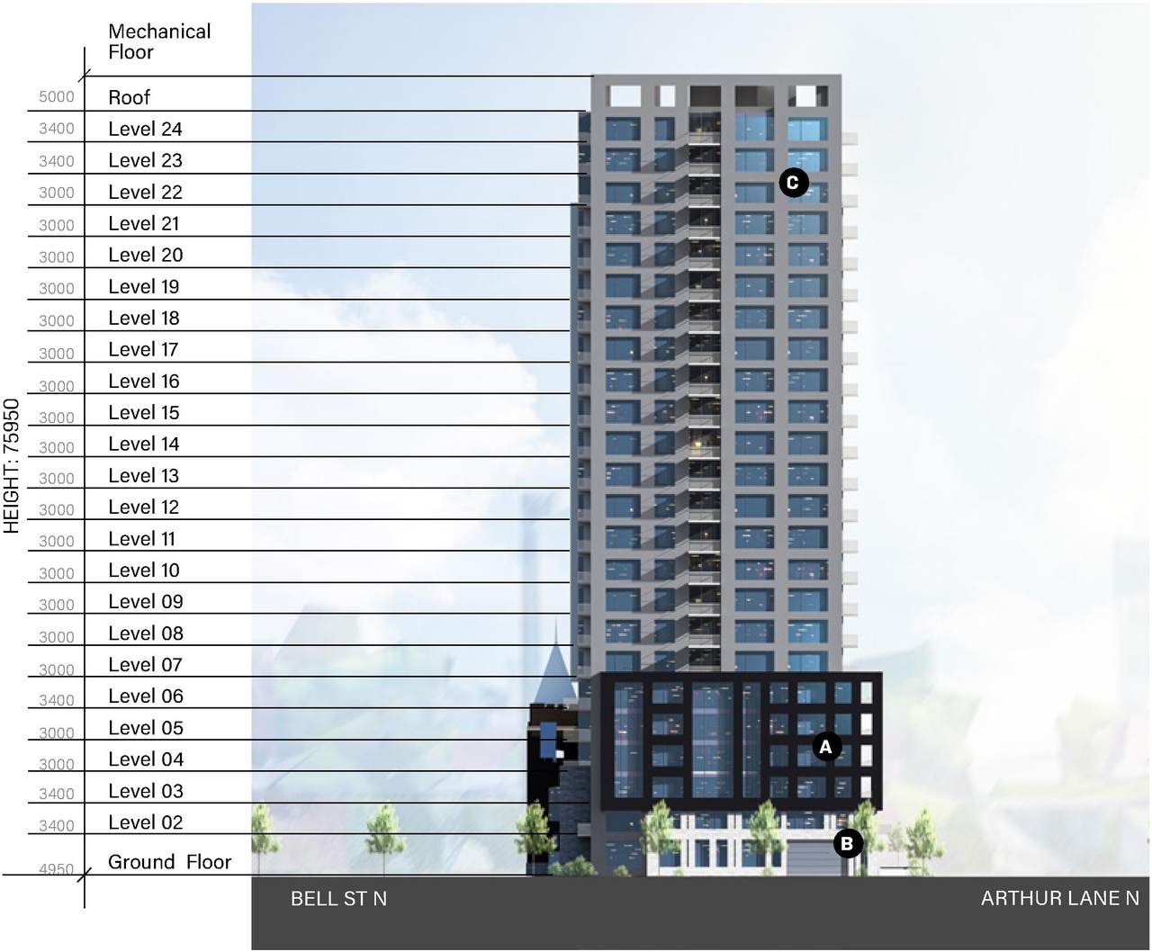 Rendering of building from page 58 of the file '2023-06-07 - Design Brief and Plans - D02-02-22-0082'