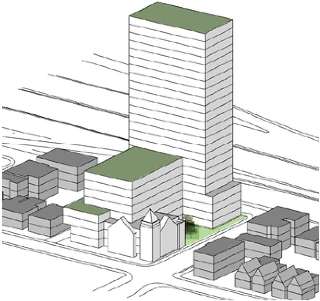 Rendering of building from page 25 of the file '2022-08-25 - DESIGN BRIEF - D02-02-22-0082'