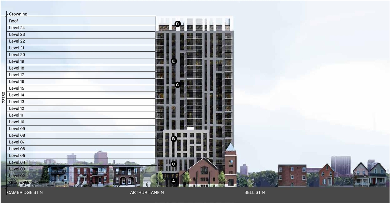 Rendering of building from page 36 of the file '2022-08-25 - DESIGN BRIEF - D02-02-22-0082'