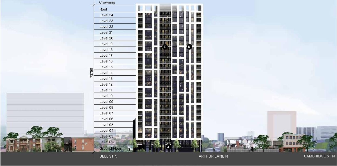 Rendering of building from page 37 of the file '2022-08-25 - DESIGN BRIEF - D02-02-22-0082'