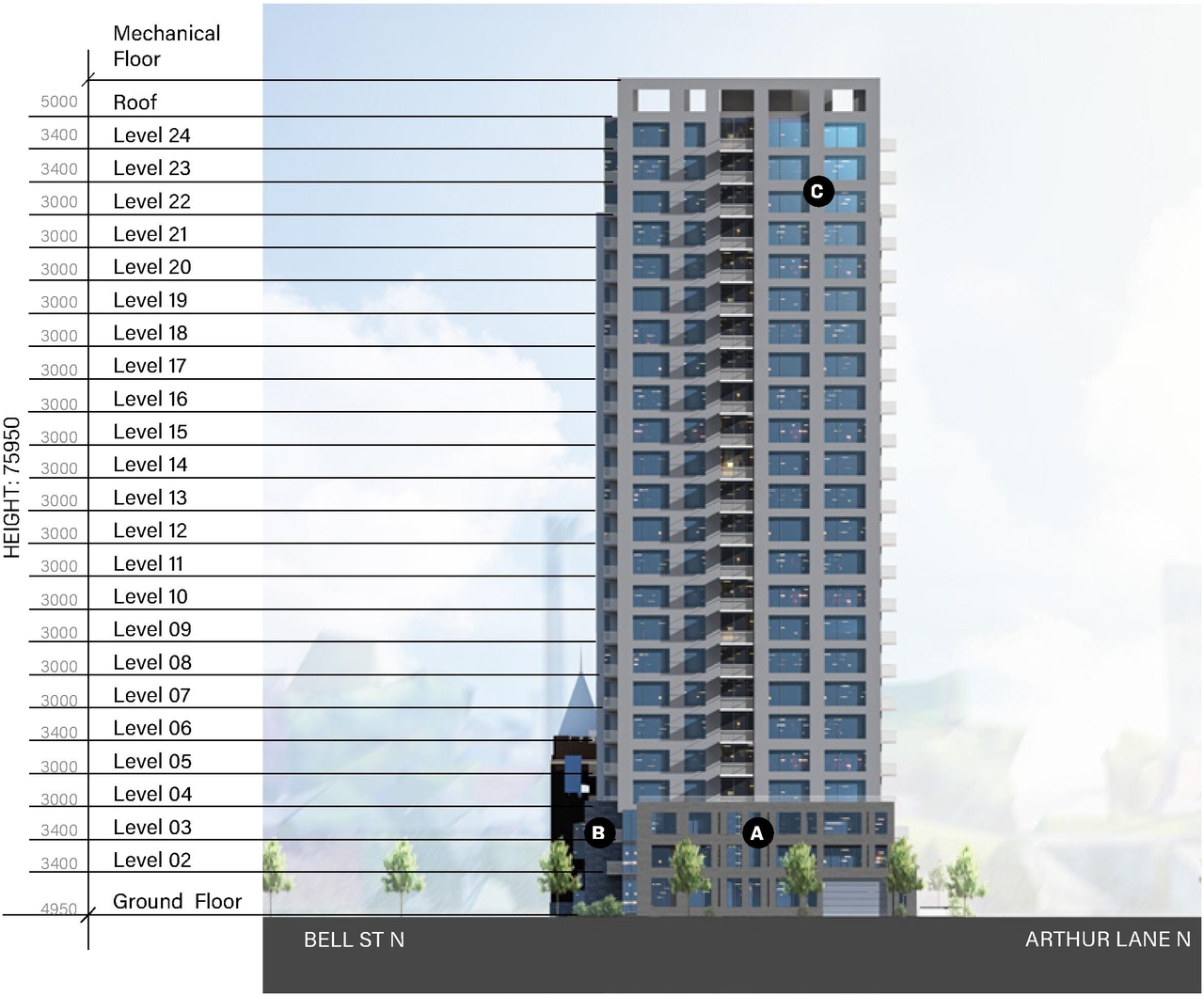 Rendering of building from page 54 of the file '2023-09-18 - Architectural Design Brief - D02-02-22-0082'