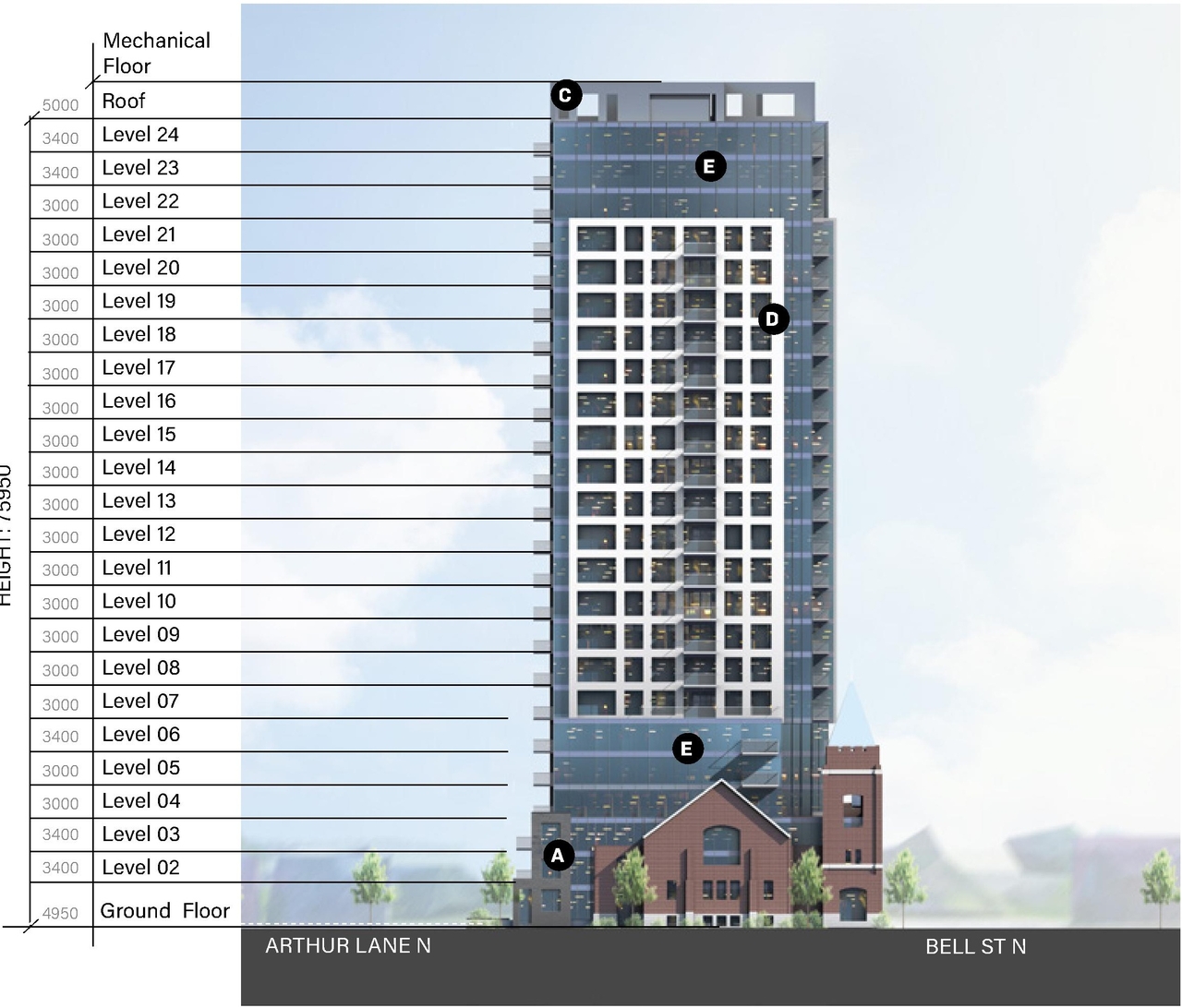 Rendering of building from page 55 of the file '2023-09-18 - Architectural Design Brief - D02-02-22-0082'