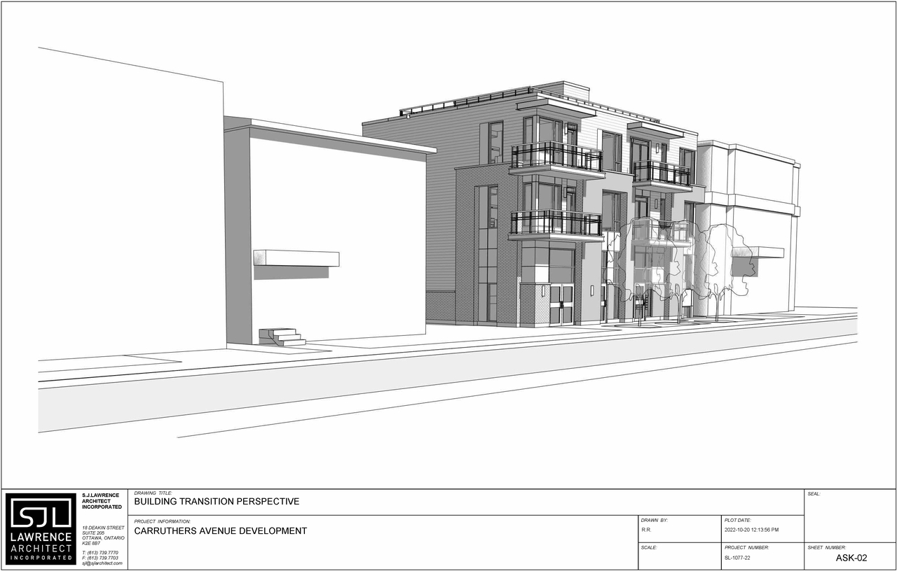 Rendering of building from page 1 of the file '2022-11-15 - Building Transition Perspective - D02-02-22-0106'