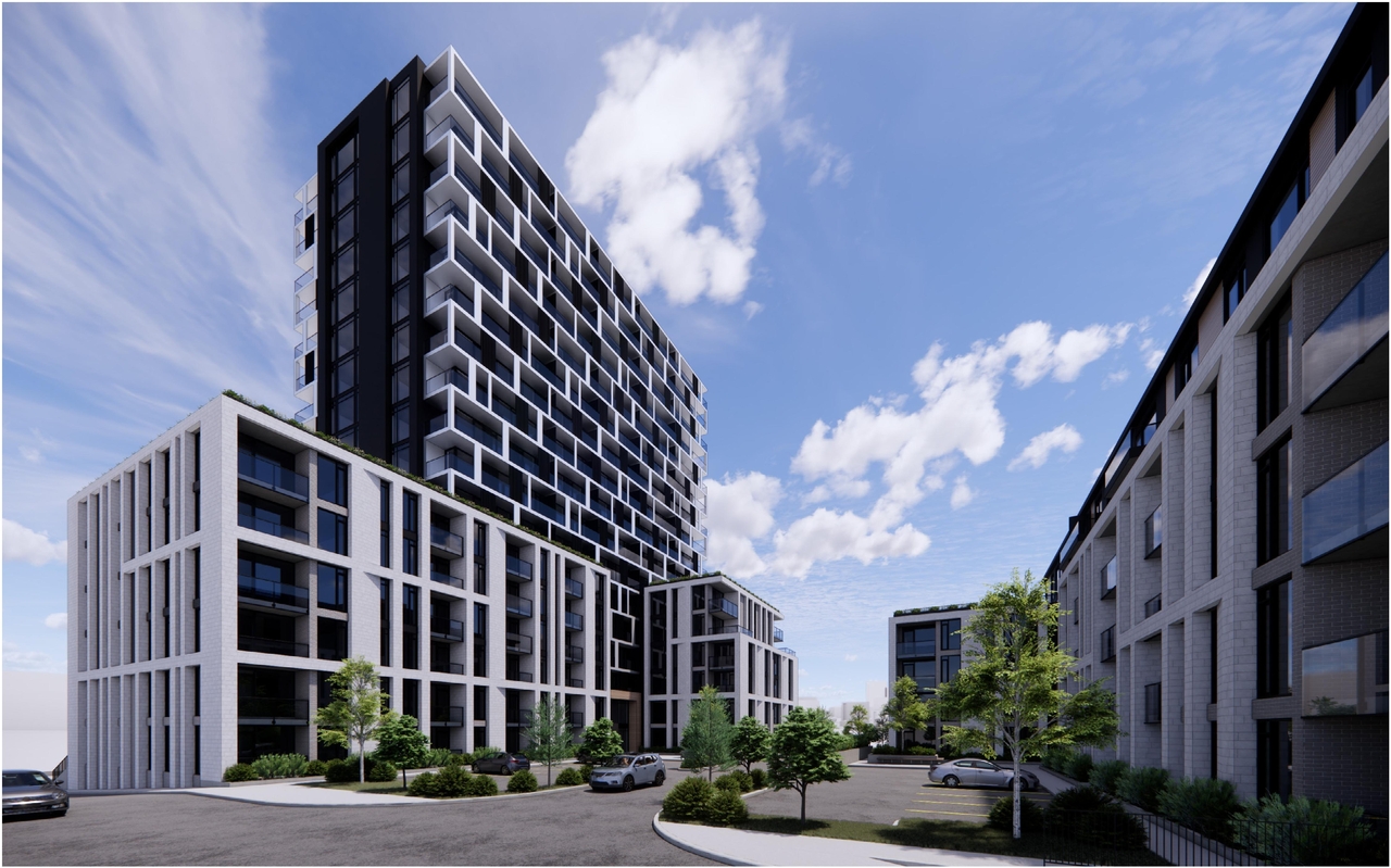 Rendering of building from page 18 of the file '2025-04-11 - Urban Design Brief - D02-02-22-0125'