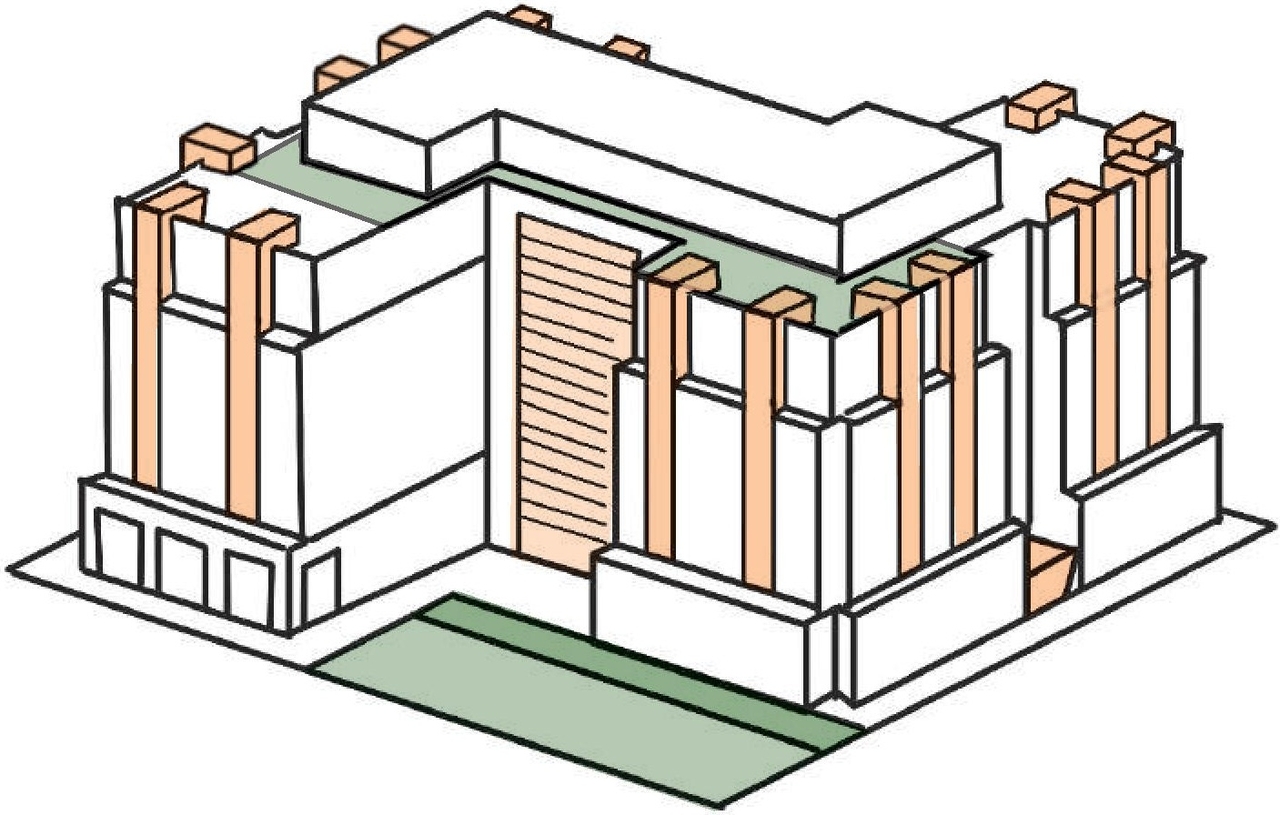 Rendering of building from page 21 of the file '2023-09-28 - Design Brief - D02-02-23-0020 (2)'