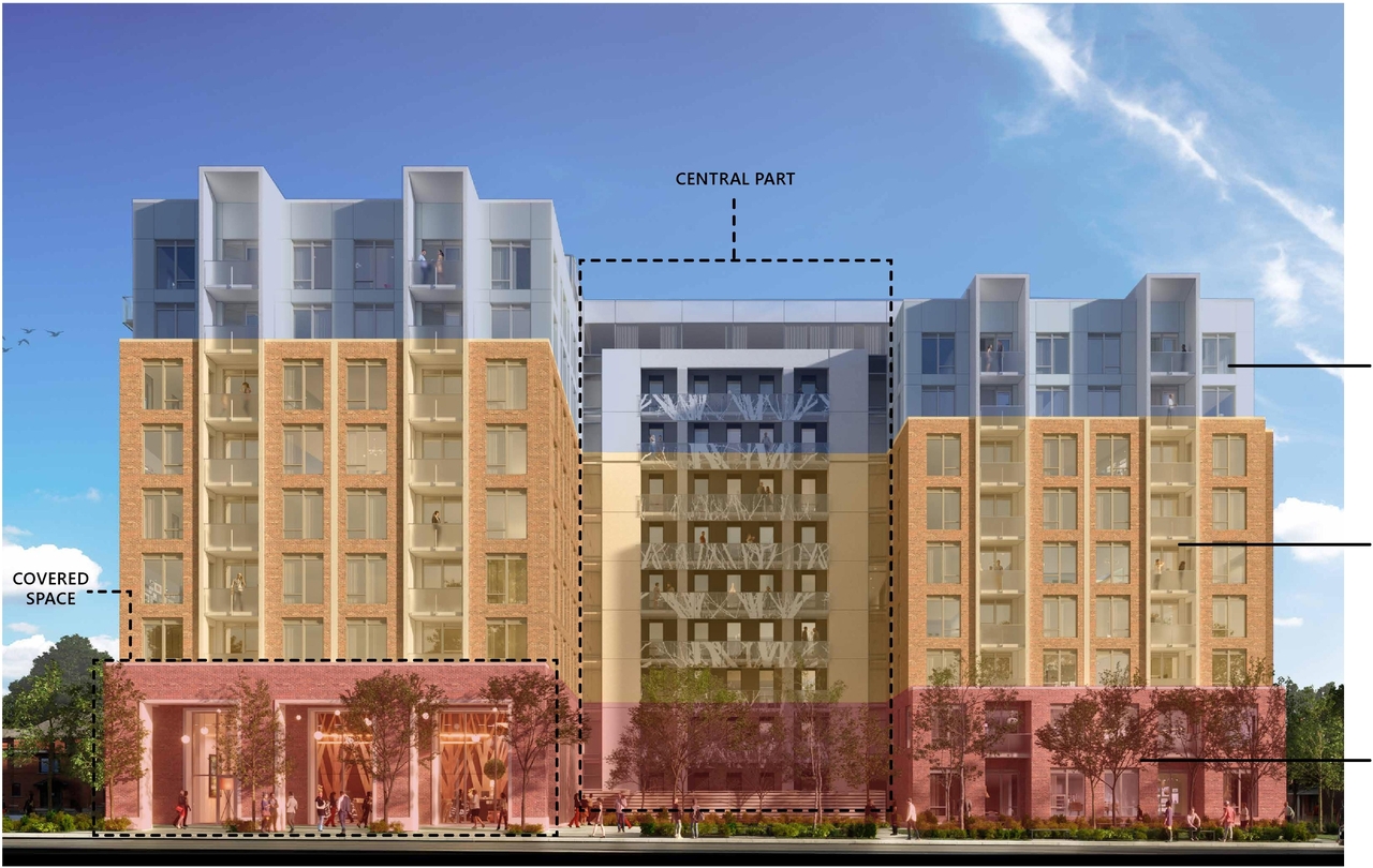 Rendering of building from page 22 of the file '2023-03-22 - Design Brief - D02-02-23-0020'