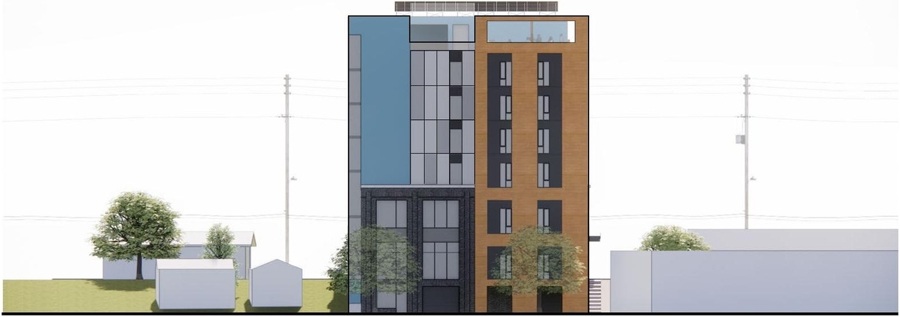 Rendering of building from page 3 of the file '2023-05-15 - Design Brief - D02-02-23-0039'