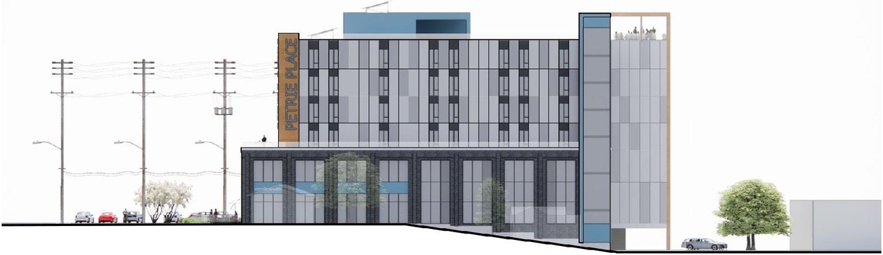 Rendering of building from page 4 of the file '2023-05-15 - Design Brief - D02-02-23-0039'