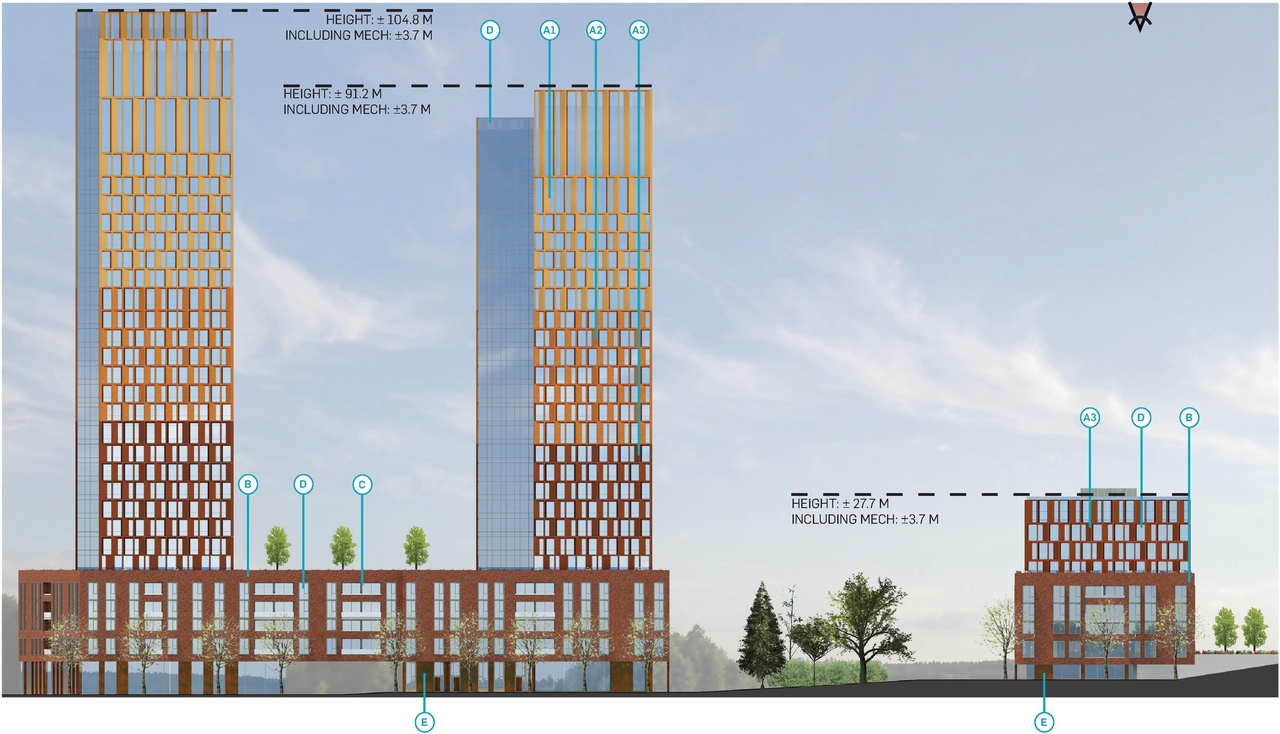 Rendering of building from page 62 of the file '2023-06-12 - Urban Design Brief - D02-02-23-0046'