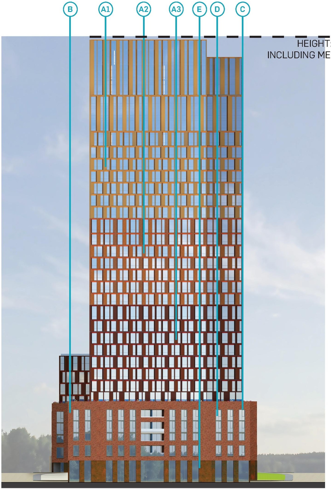 Rendering of building from page 64 of the file '2023-06-12 - Urban Design Brief - D02-02-23-0046'