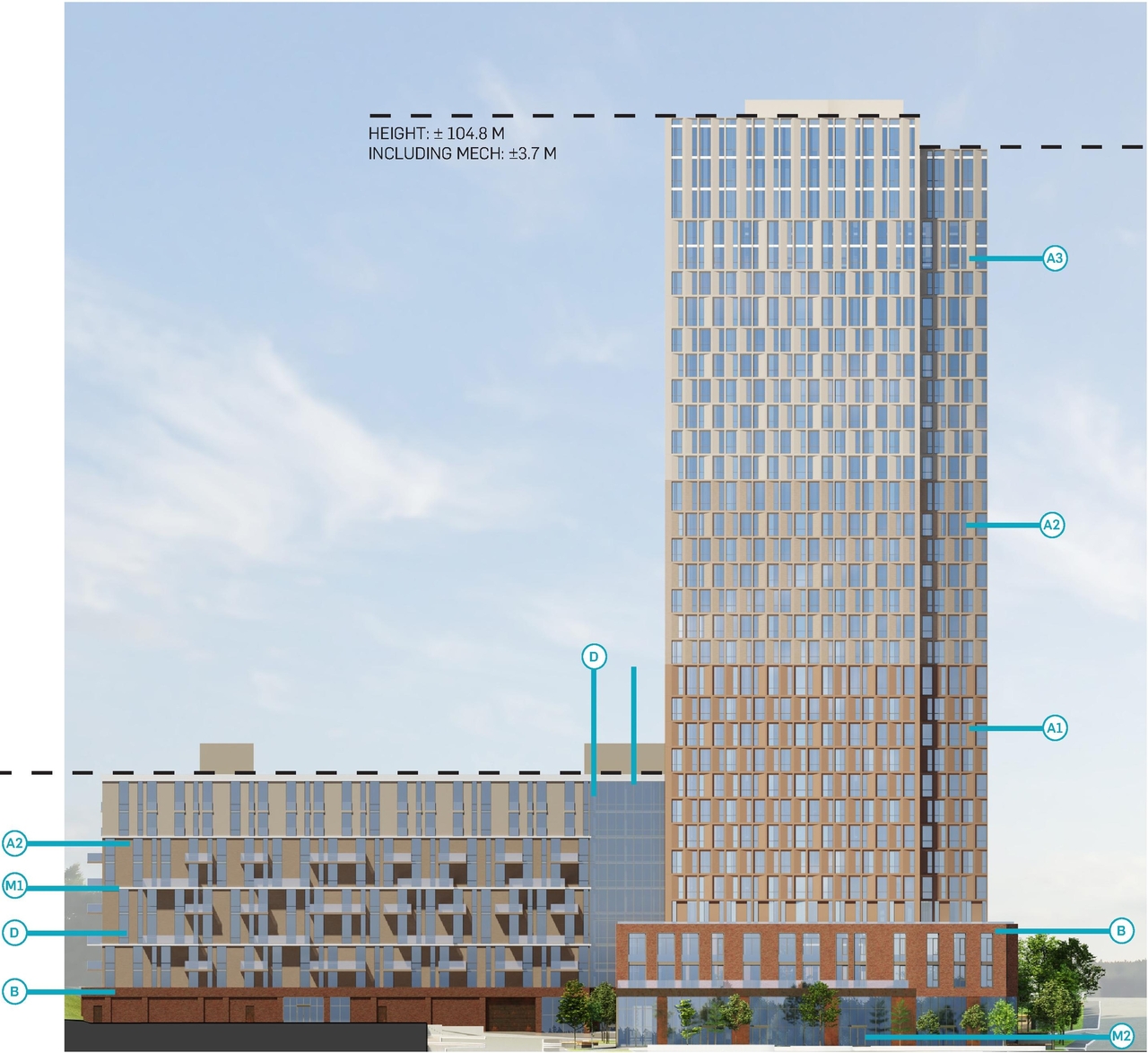 Rendering of building from page 64 of the file '2024-08-30 - Design Brief - D02-02-23-0046'