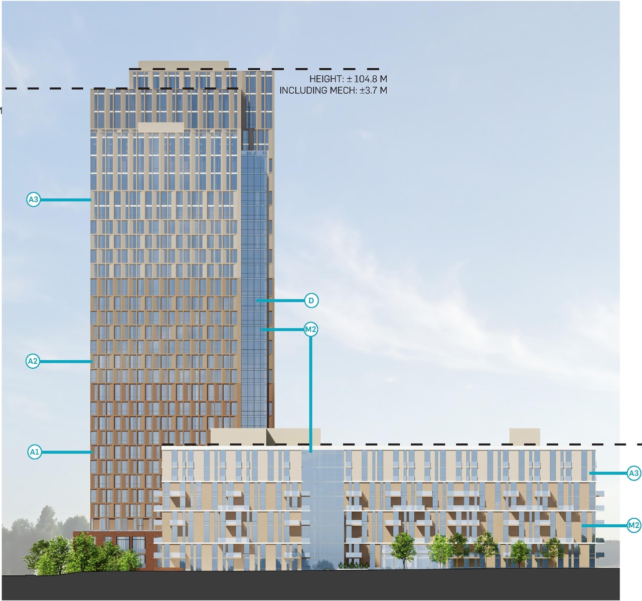 Rendering of building from page 65 of the file '2024-08-30 - Design Brief - D02-02-23-0046'