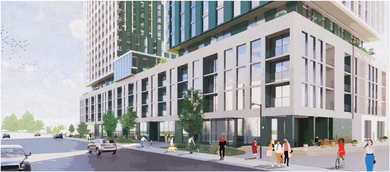 Rendering of building from page 5 of the file '2023-06-27 - Design Brief - D02-02-23-0051'