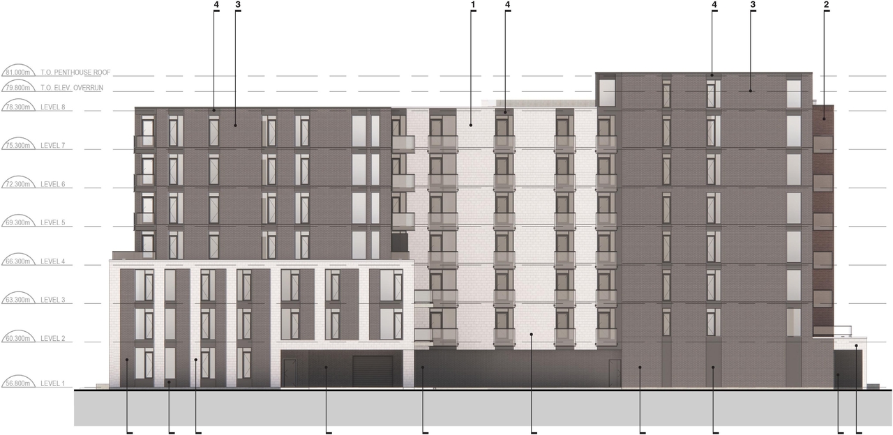 Rendering of building from page 20 of the file '2024-07-12 - Design Brief - D02-02-23-0052'