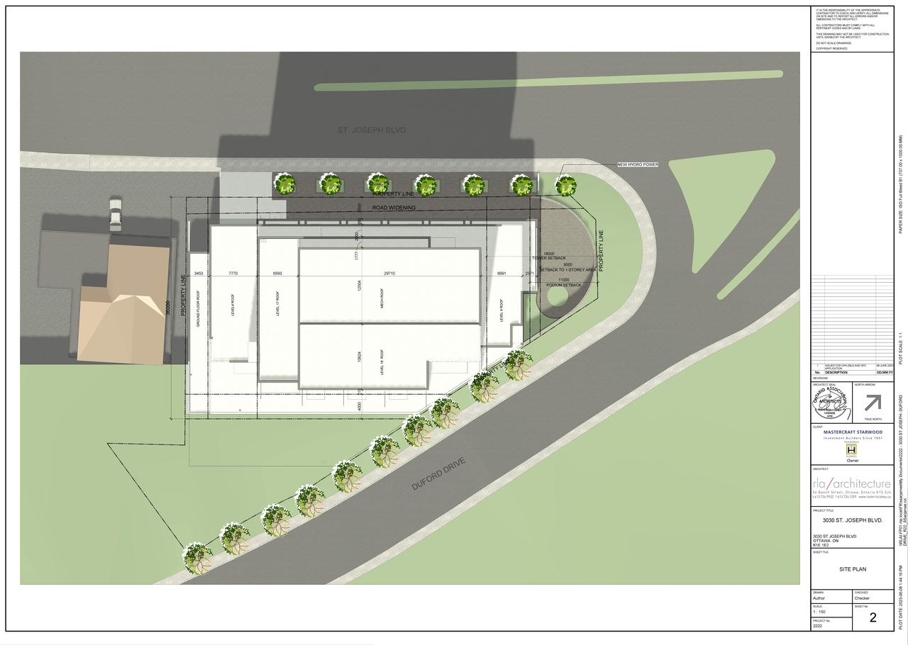 Construction site plan for project from page 2 of the file '2023-06-16 - Context, Site, Floor, Elevation, Sections, 3D Views, Sunshade,Plans - D02-02-23-0057'