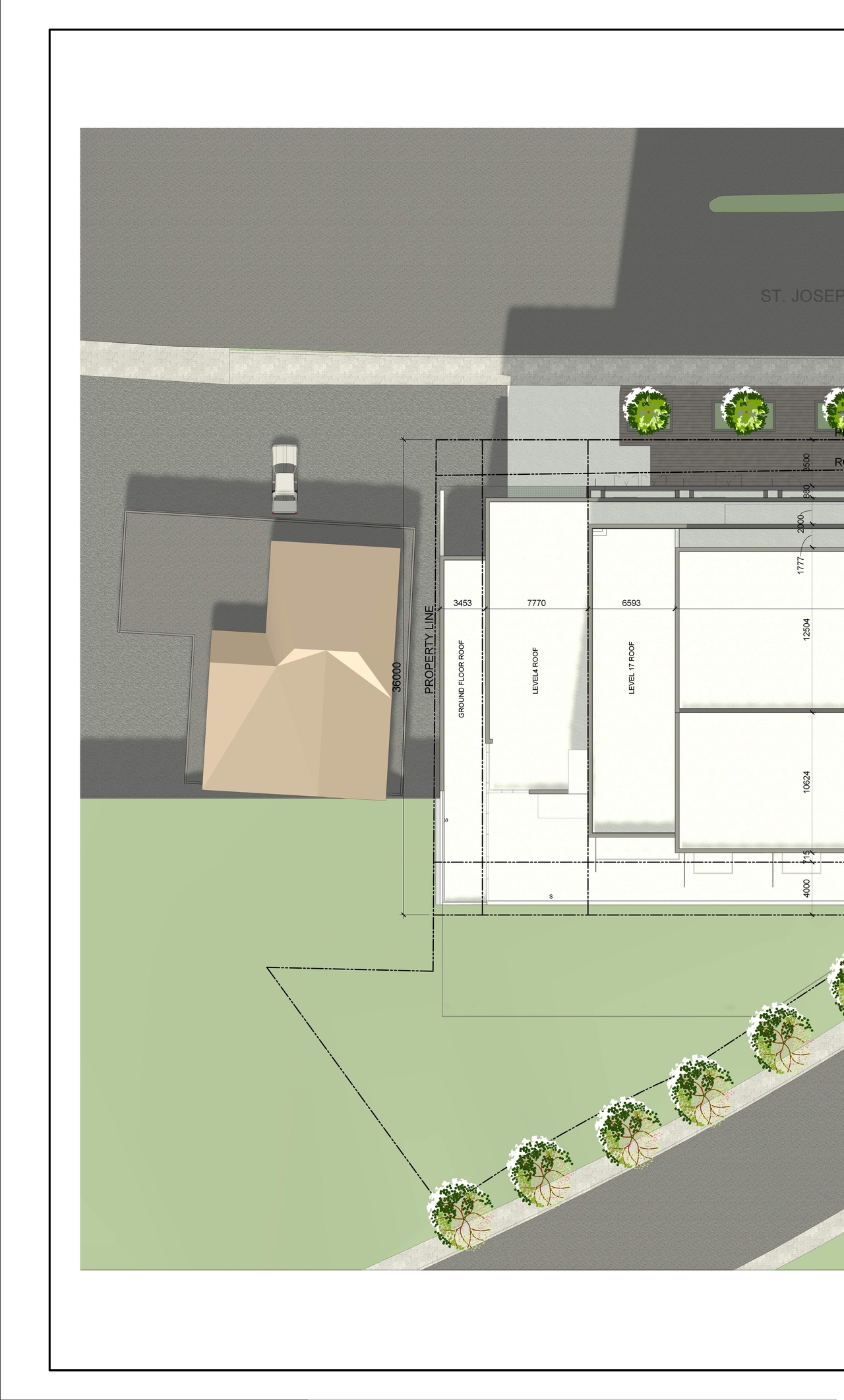 Construction site plan for project from page 2 of the file '2023-06-16 - Context, Site, Floor, Elevation, Sections, 3D Views, Sunshade,Plans - D02-02-23-0057'