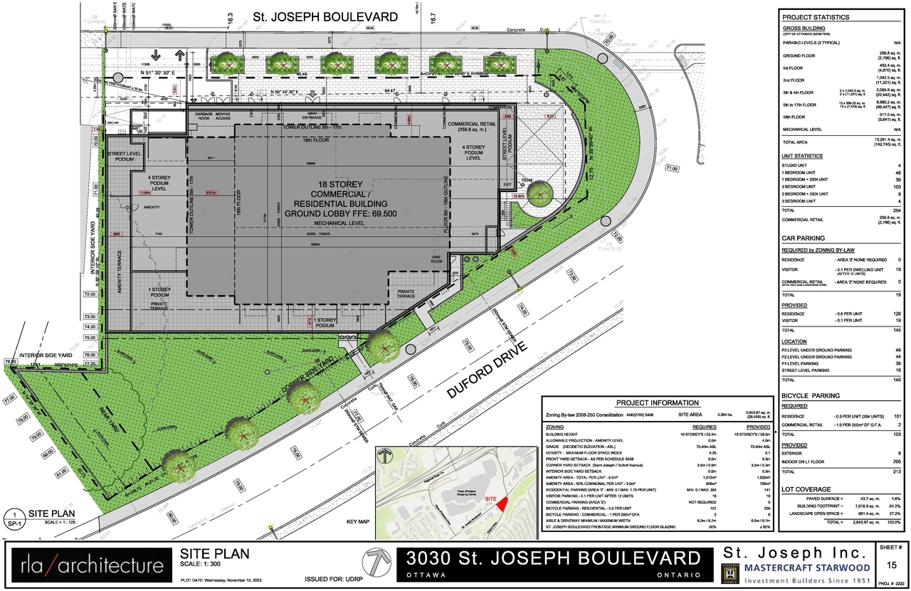 Construction site plan for project from page 16 of the file '2024-03-19 - Urban Design Review Panel Slide Deck - D02-02-23-0057'