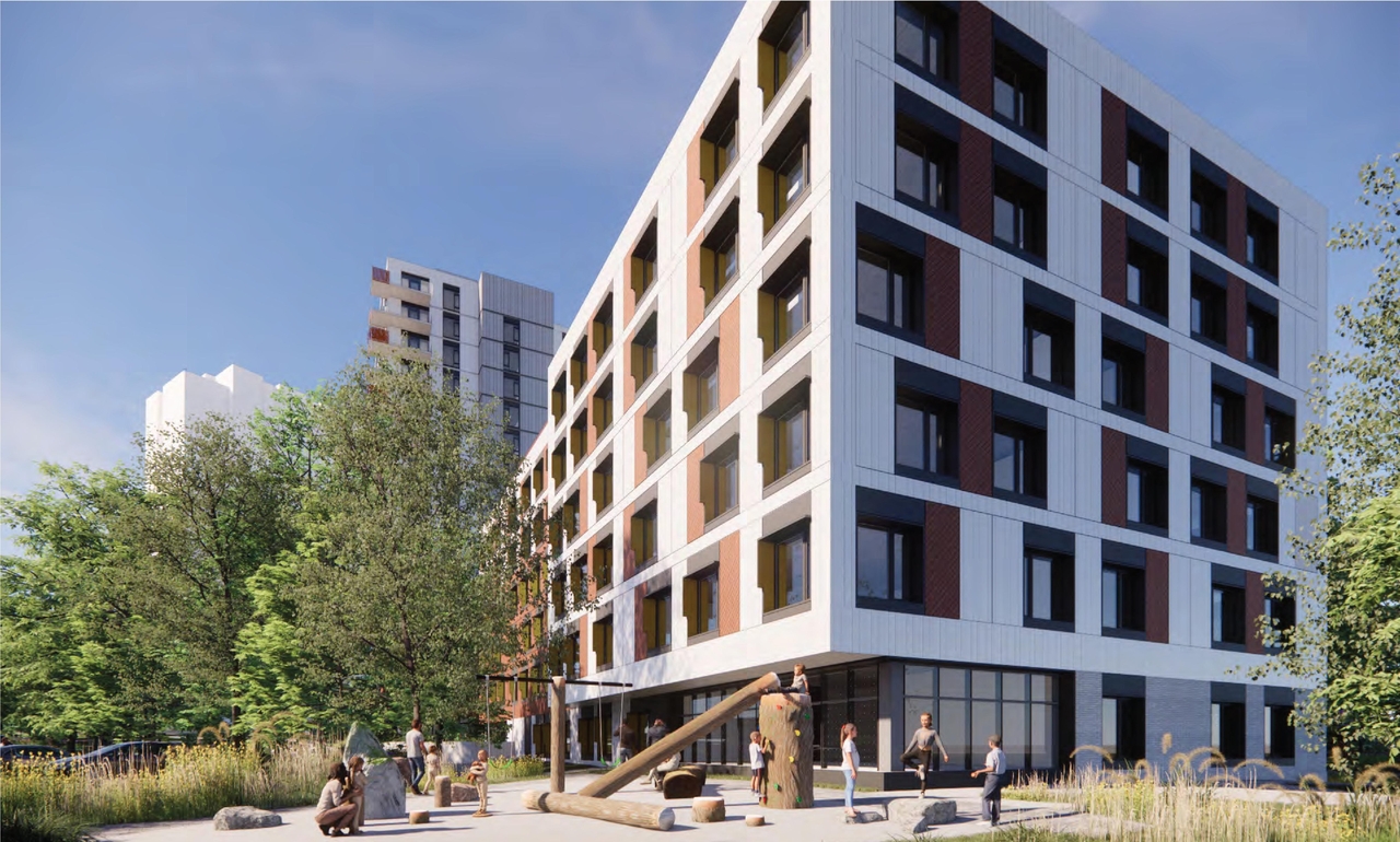 Rendering of building from page 12 of the file '2024-06-21 - Design Brief - D02-02-23-0076'