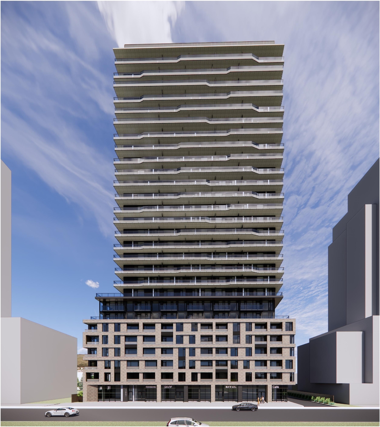 Rendering of building from page 6 of the file '2024-07-30 - Design Brief - D02-02-24-0032'