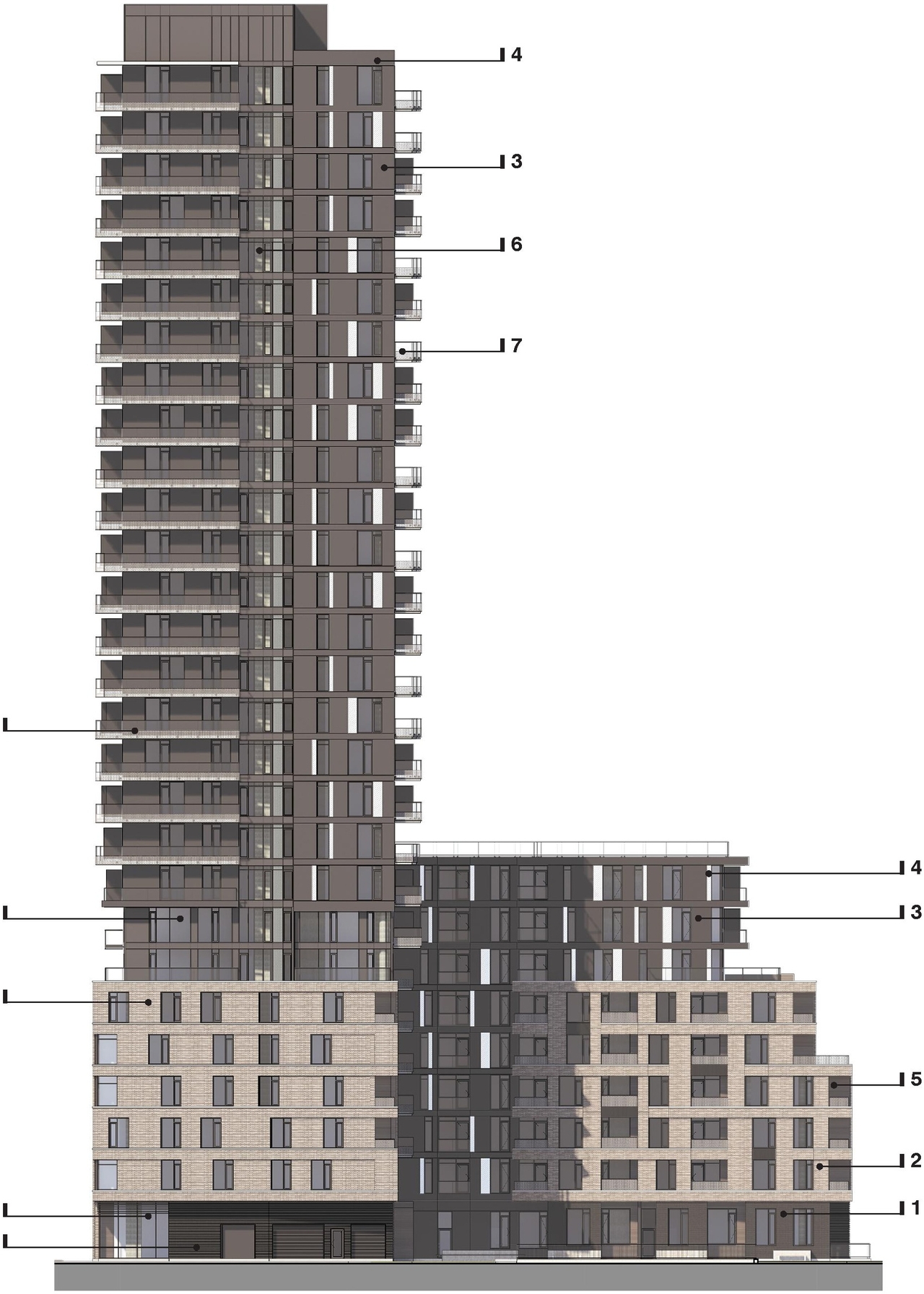 Rendering of building from page 22 of the file '2024-07-30 - Design Brief - D02-02-24-0032'