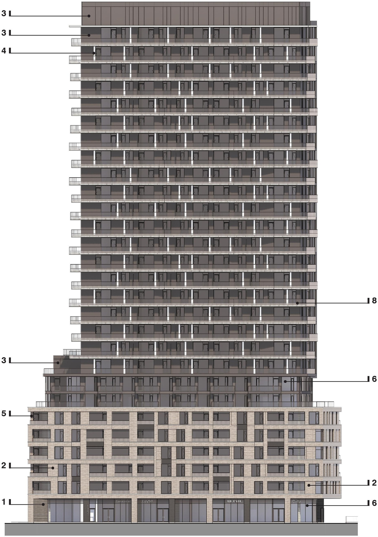 Rendering of building from page 22 of the file '2024-07-30 - Design Brief - D02-02-24-0032'