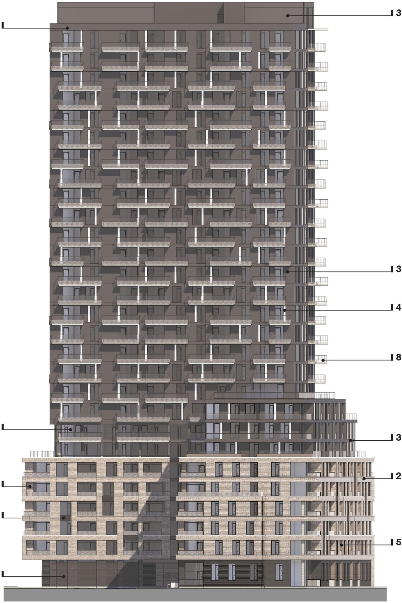 Rendering of building from page 23 of the file '2024-07-30 - Design Brief - D02-02-24-0032'
