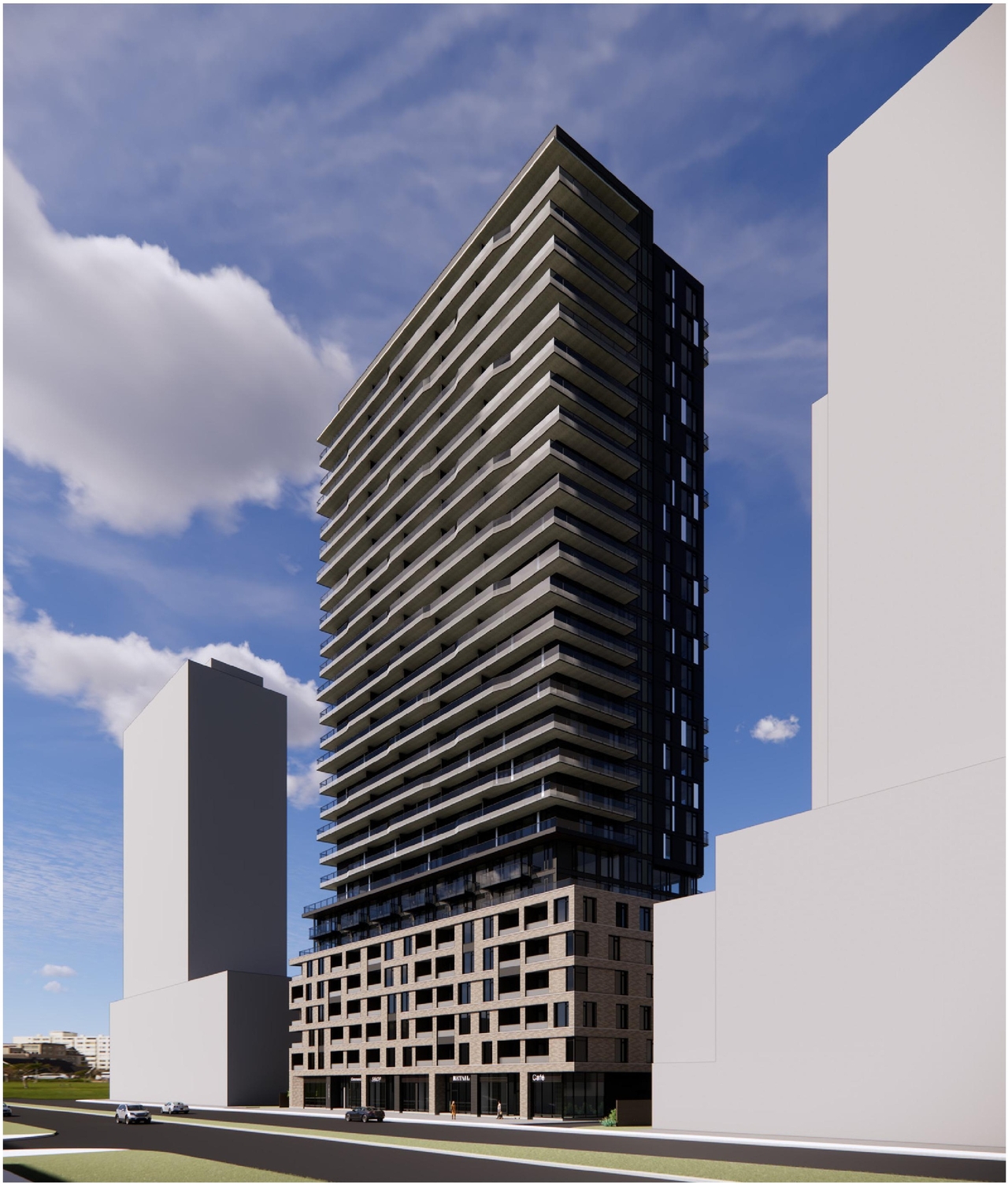 Rendering of building from page 7 of the file '2025-01-24 - Design Brief - D02-02-24-0032'