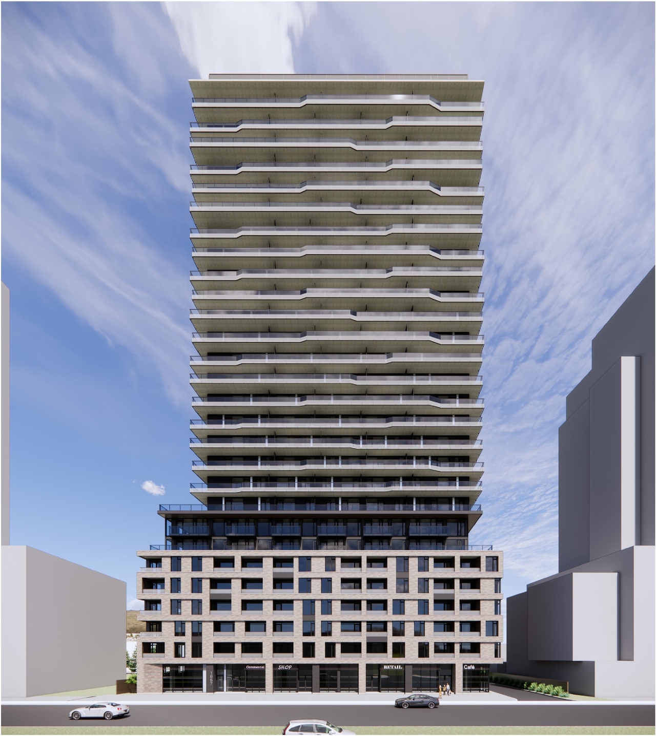 Rendering of building from page 8 of the file '2025-01-24 - Design Brief - D02-02-24-0032'