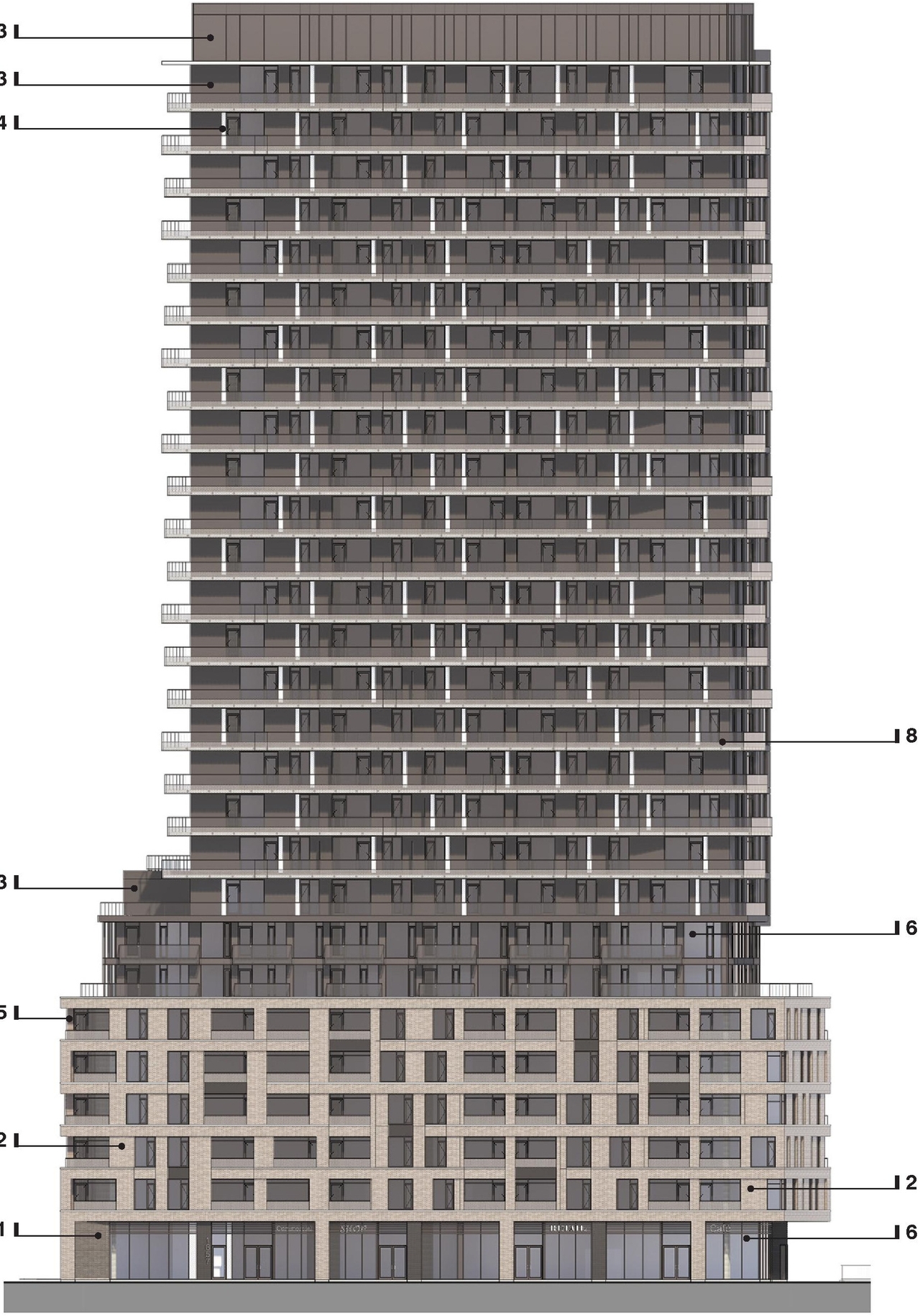 Rendering of building from page 28 of the file '2025-01-24 - Design Brief - D02-02-24-0032'