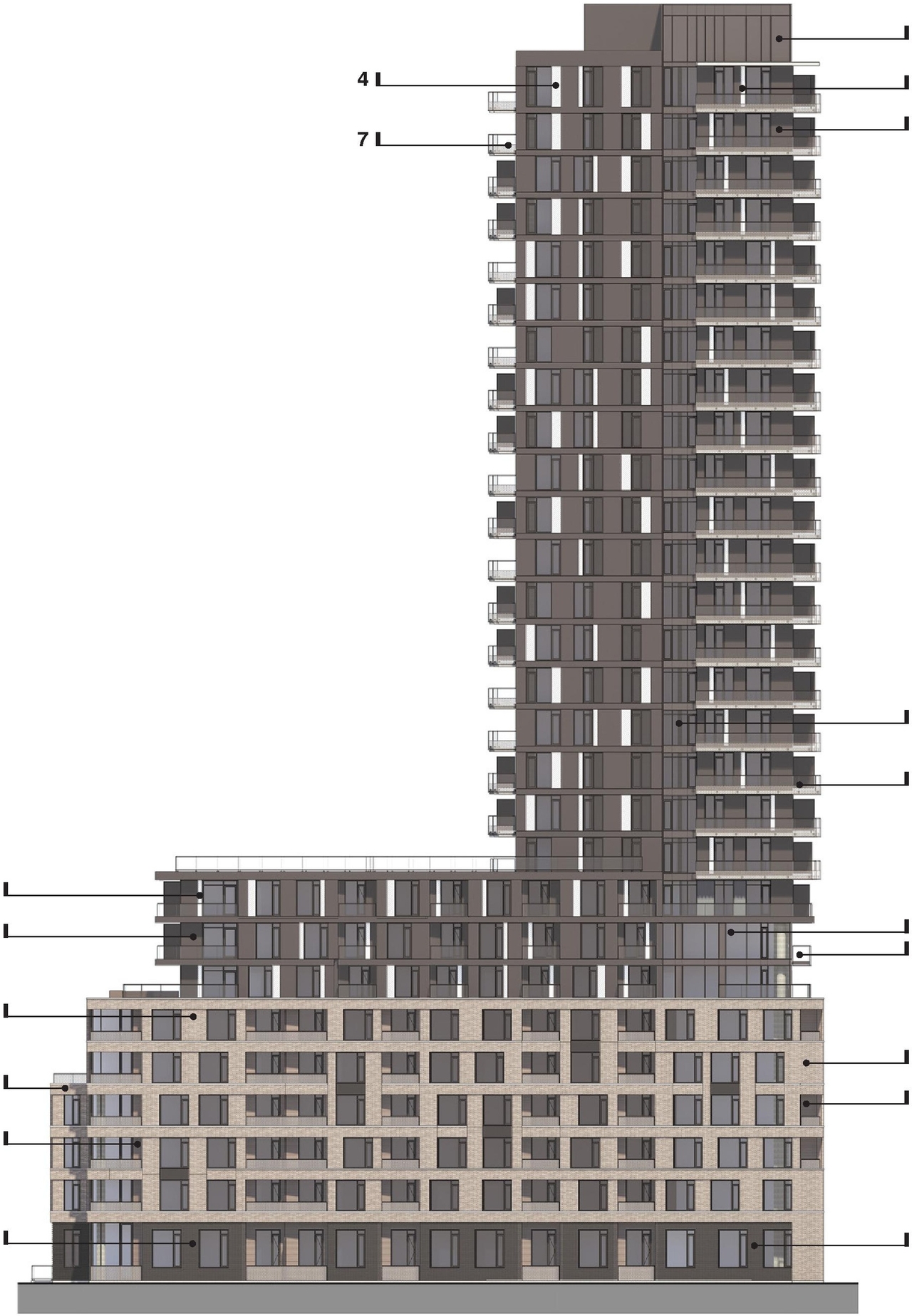 Rendering of building from page 29 of the file '2025-01-24 - Design Brief - D02-02-24-0032'