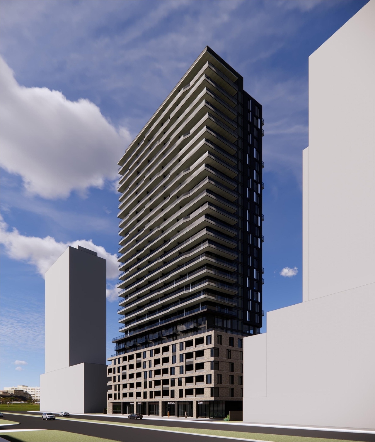 Rendering of building from page 7 of the file '2025-01-24 - Design Brief - D02-02-24-0032'