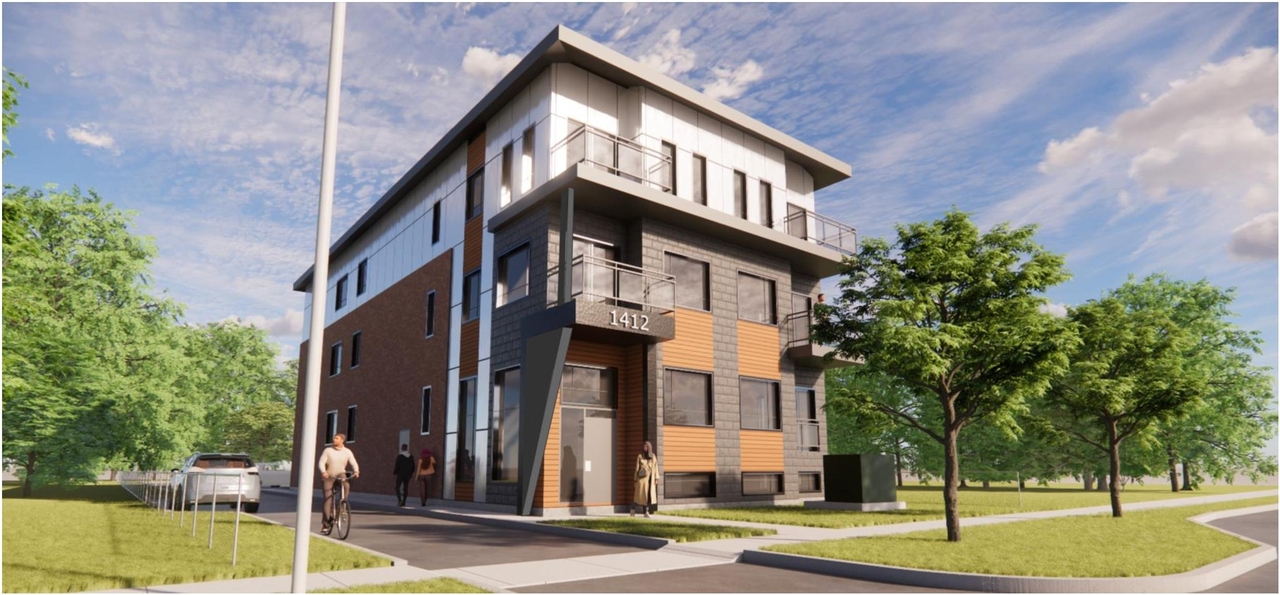 Rendering of building from page 4 of the file '2025-04-11 - Urban Design Brief Rev1 - D02-02-24-0035'