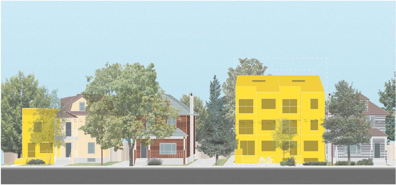 Rendering of building from page 4 of the file 'neighbourhood_renderings'