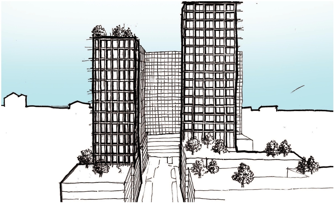 Rendering of building from page 24 of the file '2025-06-02 - Design Brief - D02-02-25-0037'