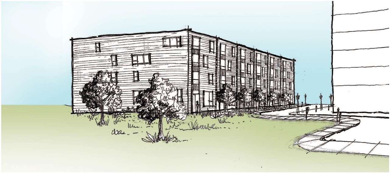 Rendering of building from page 25 of the file '2025-06-02 - Design Brief - D02-02-25-0037'