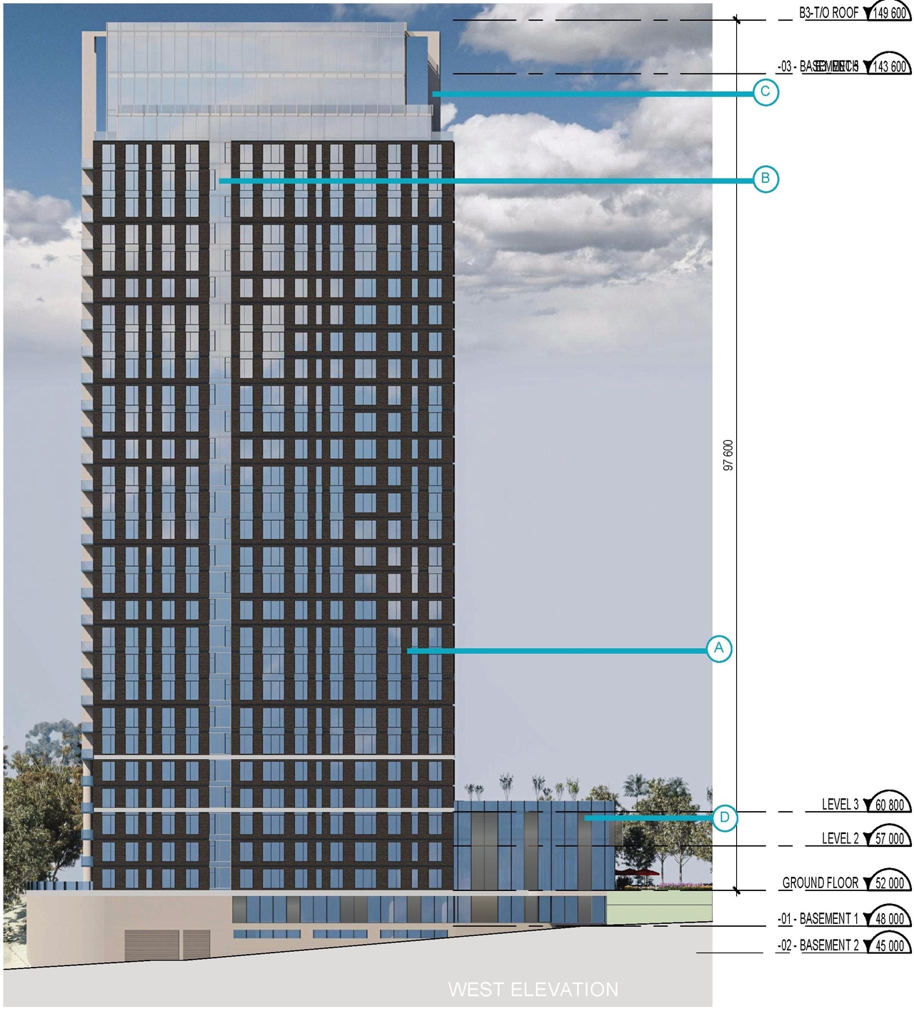 Rendering of building from page 74 of the file '2025-10-07 - Design Brief - D02-02-25-0038'