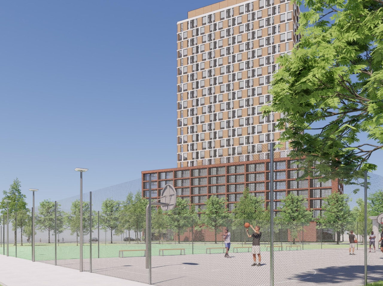 Rendering of building from page 45 of the file '2025-08-08 - Urban Design Brief - D02-02-25-0056'