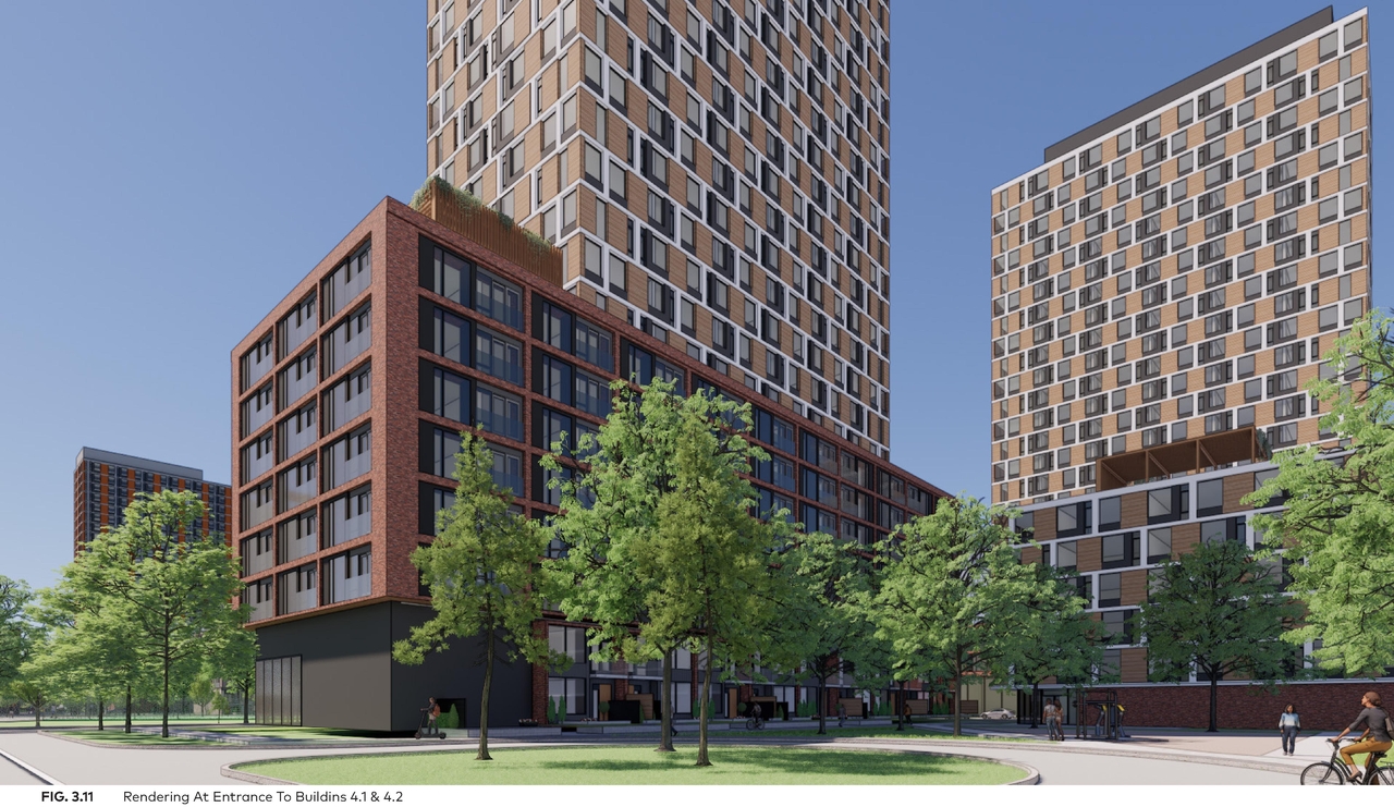 Rendering of building from page 52 of the file '2025-08-08 - Urban Design Brief - D02-02-25-0056'