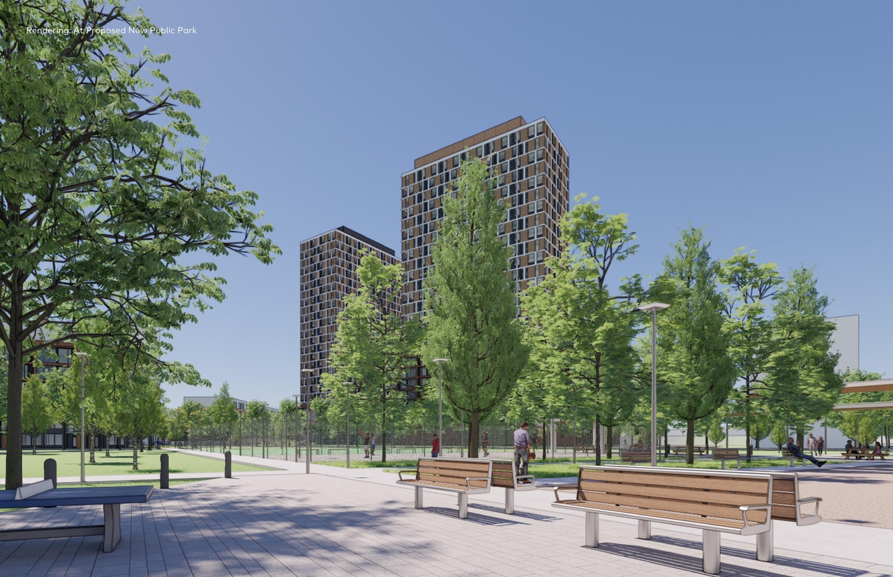 Rendering of building from page 64 of the file '2025-08-08 - Urban Design Brief - D02-02-25-0056'