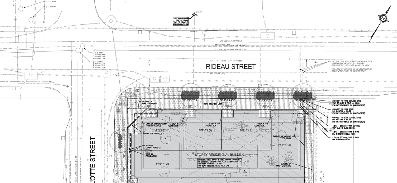 Construction site plan for project from page 37 of the file 'Urban Design Review Package_594 Rideau Street'