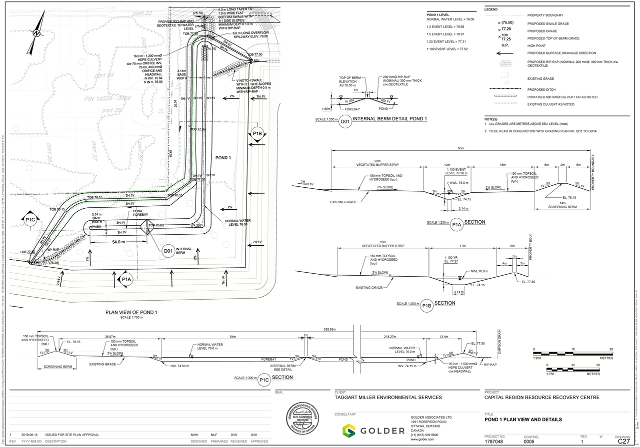 Construction site plan for project from page 1 of the file '2018-07-27 - POND 1 PLAN VIEW AND DETAILS - D07-12-18-0097'