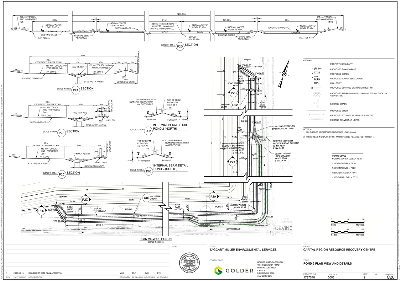 Construction site plan for project from page 1 of the file '2018-07-27 - POND 2 PLAN VIEW AND DETAILS - D07-12-18-0097'